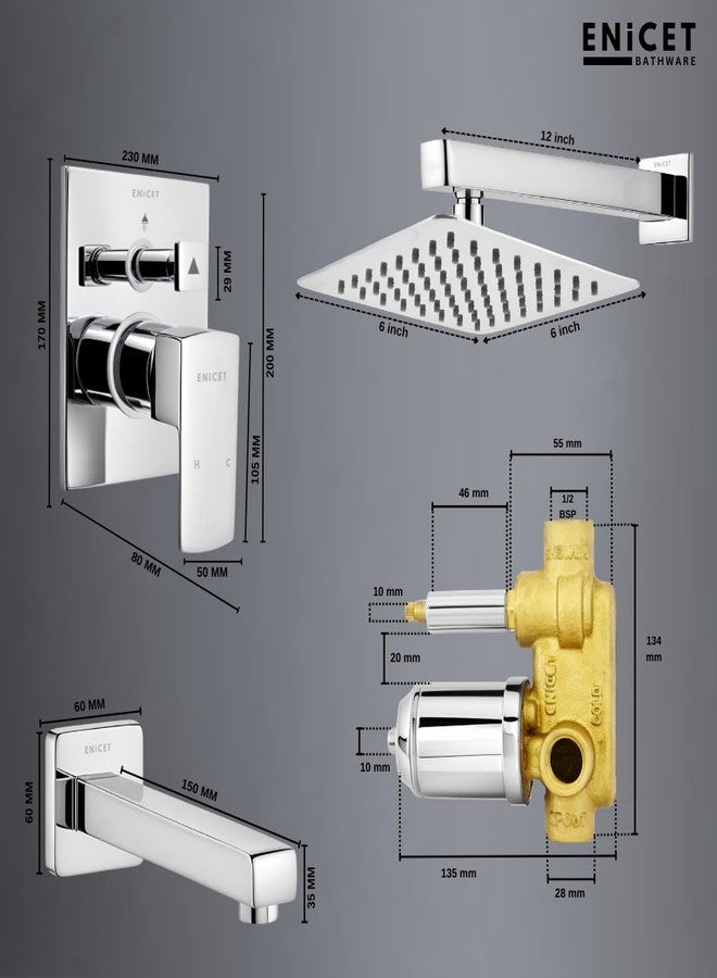 ENICET طقم محول دش عالي التدفق من النحاس الممتاز من إينيسيت مع رأس دش مطري 6 بوصات وفوهة - نظام صنبور خلاط حمام بذراع واحد مطلي بالكروم - طقم محول مثبت على الحائط لتجديد الحمامات الحديثة - Image 5